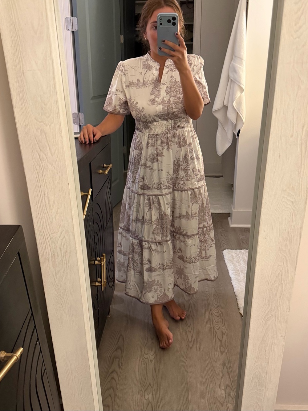 Tiered Toile Midi Dress in Cream and Taupe
